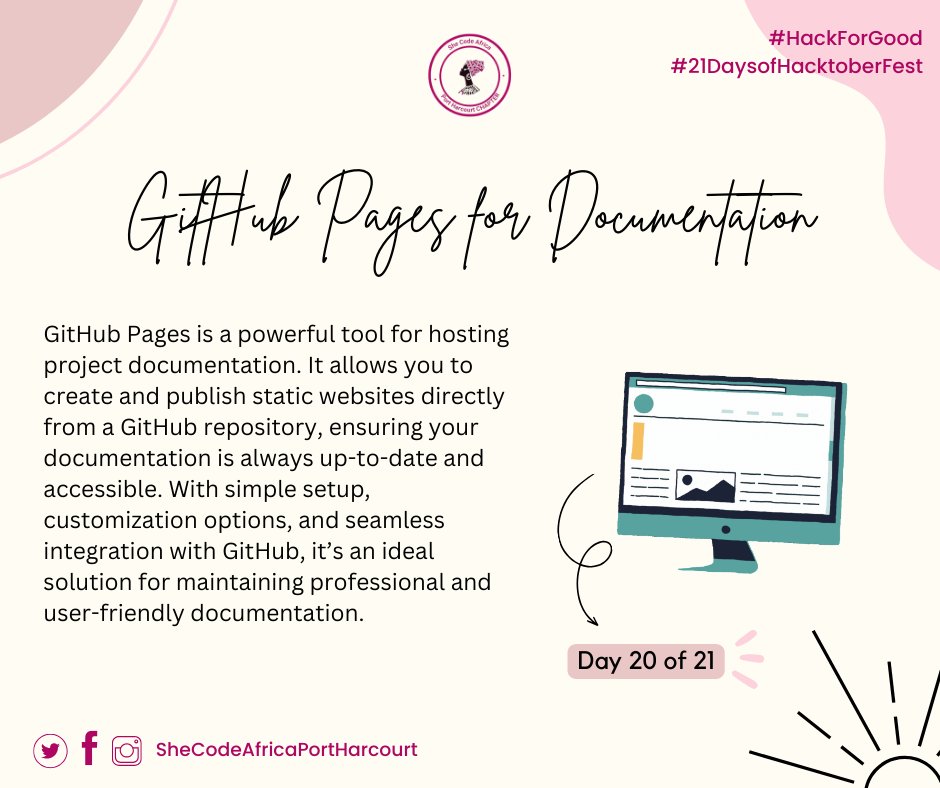 SCAportharcourt's tweet image. Day 2️⃣0️⃣ of 2️⃣1️⃣

GitHub Pages provides a seamless platform for creating impactful project documentation and enhancing visibility and accessibility.

#GitHubPages 
#Documentation 
#OpenSource
#Hacktoberfest
#OpenSourceContribution
#SheCodeAfricaPortHarcourtCommunity 
#Day20