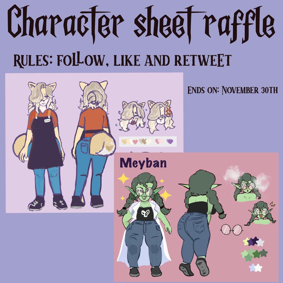 dorimemento's tweet photo. Art räffle‼️
One winner will receive a character sheet! 
Can be 🔞 but you’re only getting one version and not a clothed alt.
Rules: follow, repost and like
Ends: November 30th. https://t.co/HskfE7OqtD