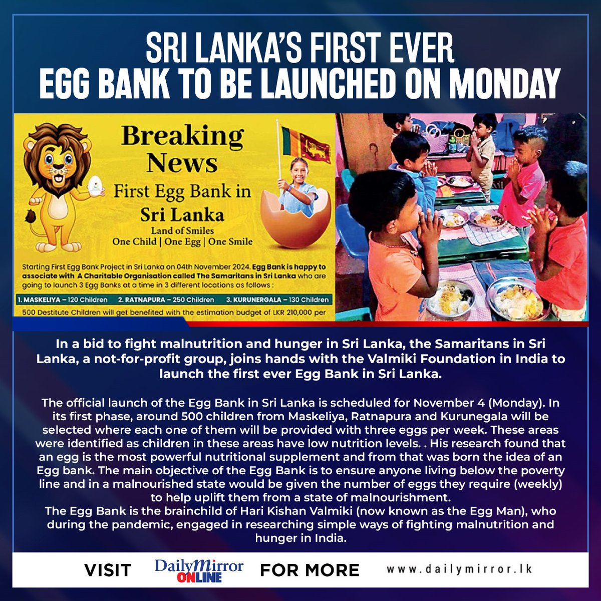 Dailymirror_SL's tweet photo. Sri Lanka’s first ever egg bank to be launched on Monday
https://t.co/6Y1Ud71iTM https://t.co/n9NEuyYmWY