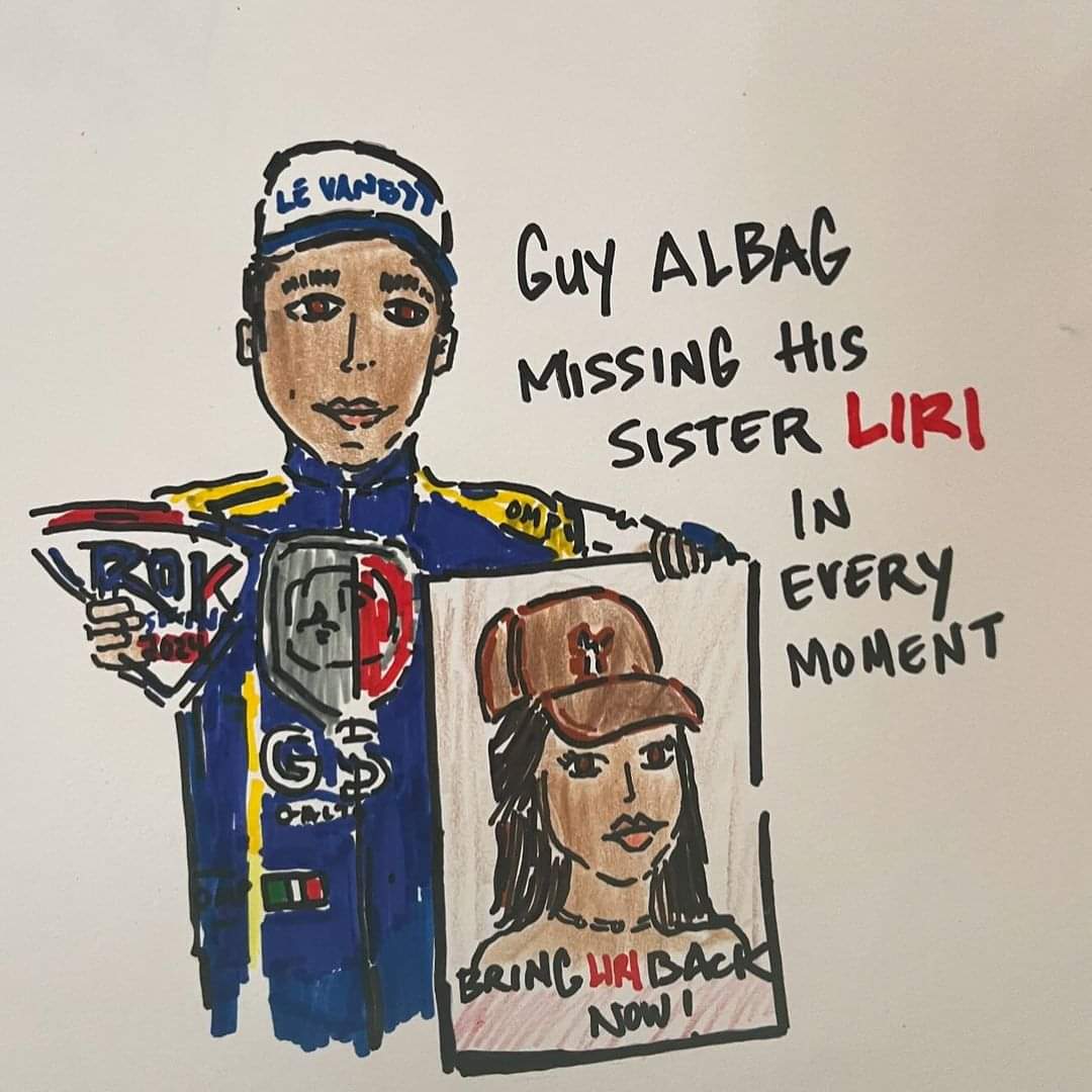 Talented artist Naomi Gal honors each hostage with her art. Here, she depicts Guy Albag, 2nd at the World Karting Championship, holding a poster of his sister Liri, a hostage for over a year, on the podium 💙🤍🎗🤍🎗
