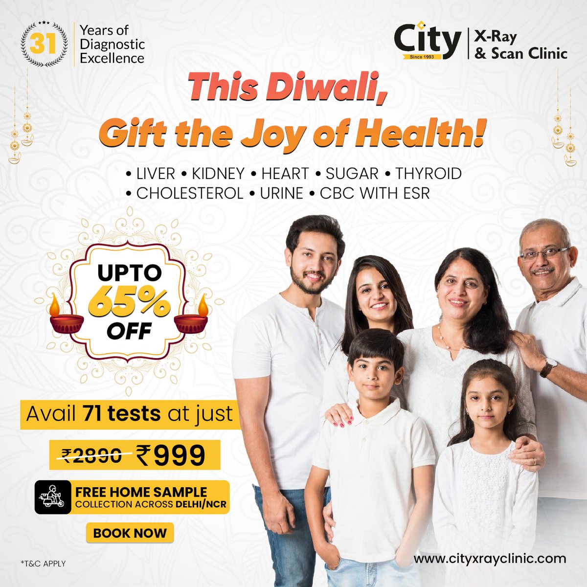 CityXrayClinic's tweet image. Celebrate Diwali with the gift of health! ✨ Get 71 essential tests for just ₹999 with up to 65% off &amp;amp; free home sample collection across Delhi/NCR. Let’s make this Diwali healthier for you &amp;amp; your loved ones! 🌸🩺

#HealthyDiwali #JoyOfHealth #SpecialDiscount #DiwaliOffer