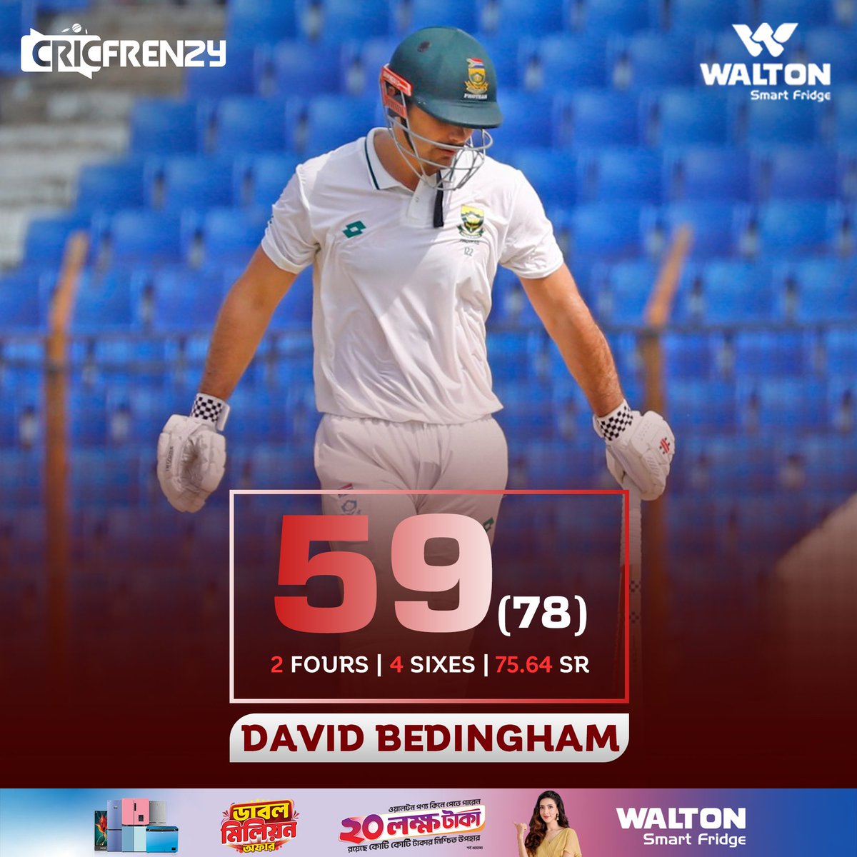 Cricfrenzylive's tweet photo. ৫৯ রানে ফিরলেন বেডিংহাম
#BANvSA #DavidBedingham https://t.co/H9SXN12B8Q
