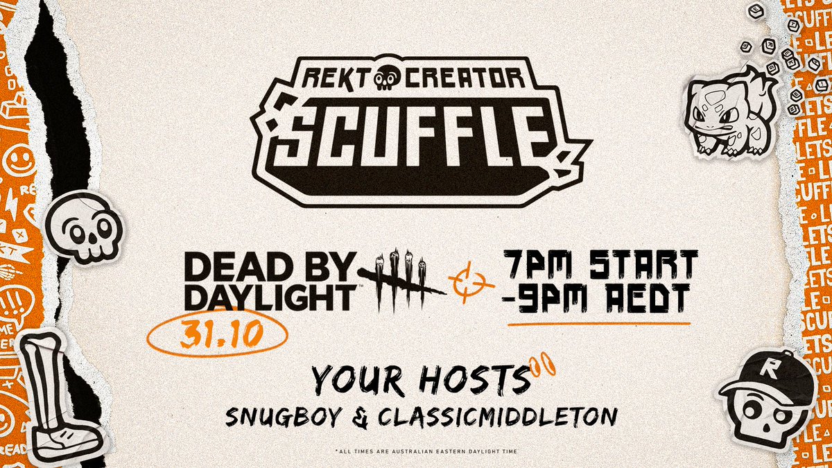 REKTgn's tweet photo. 🎃 SCUFFLE REMINDER🎃

Halloween is sorted👻

Bringing you all the action of the first ever REKT CREATOR SCUFFLE - the silliest of sausages @RealSnugboy &amp; @ChrisLMiddleton 👀

📺 /REKTgn + all creators streaming too!
🕹️ #DeadbyDaylight 
📅 31/10
🕖 7pm AEDT 
💀#TheScuffle https://t.co/MuO5txaGYW