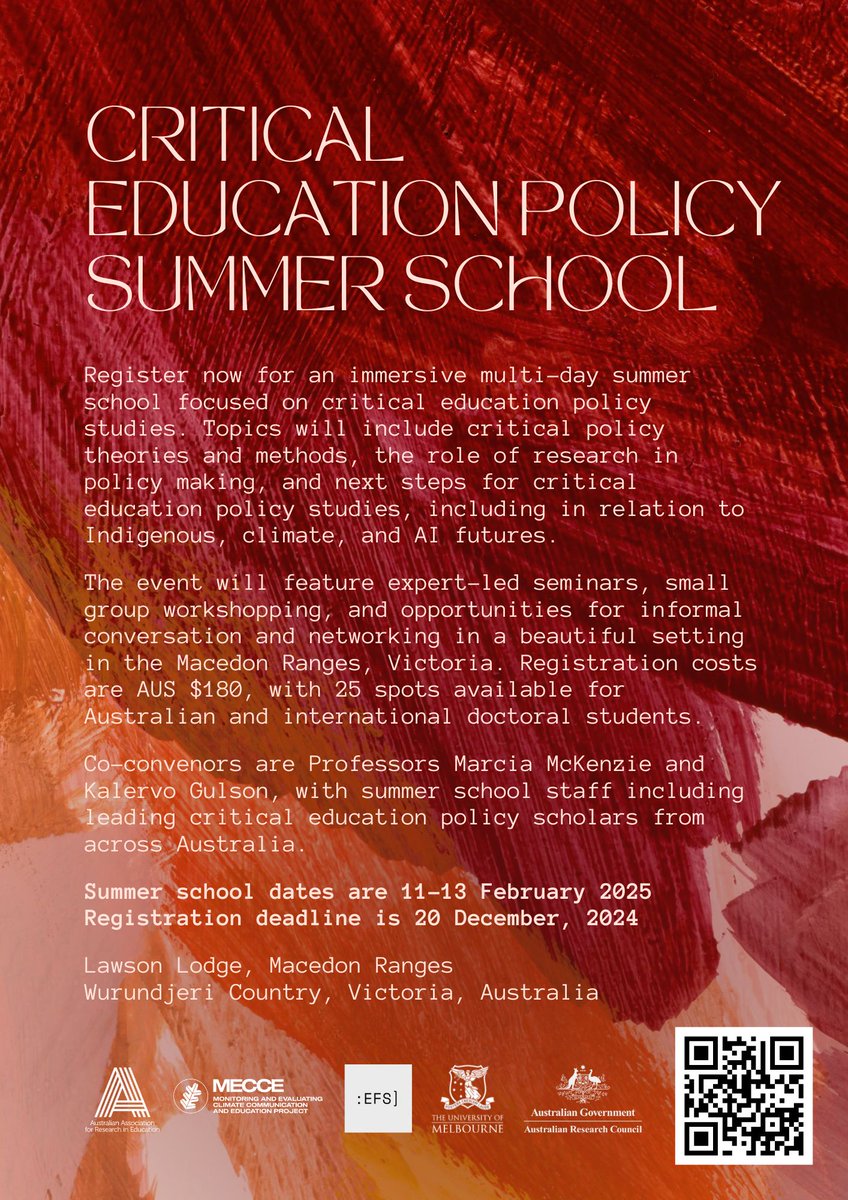 Marcia McKenzie (@mckenzia) on Twitter photo 🔥 Registration open for the Critical Education Policy Summer School, 11-13 February, 2025. 25 spots available for Australian and international doctoral students in critical education policy & linked areas, see cepsummerschool.com, w @AustAssocResEd <a href="/EduMelb/">Faculty of Education</a> + 🔥 Registration open for the Critical Education Policy Summer School, 11-13 February, 2025. 25 spots available for Australian and international doctoral students in critical education policy & linked areas, see cepsummerschool.com, w @AustAssocResEd <a href="/EduMelb/">Faculty of Education</a> +