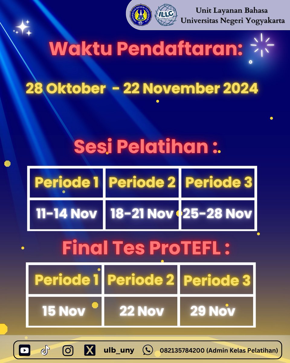 ulb_uny's tweet photo. Hi ULBuddies~, kabar baik nih!
Pelatihan ProTEFL kembali hadir dengan 3 periode di bulan November.
Kesempatan emas untuk meningkatkan kompetensi bahasa Inggrismu. Jangan sampai terlewatkan!
#ULB #UNY #ProTEFL #yudisium #universitasnegeriyogyakarta https://t.co/Iv0tixTeQ8