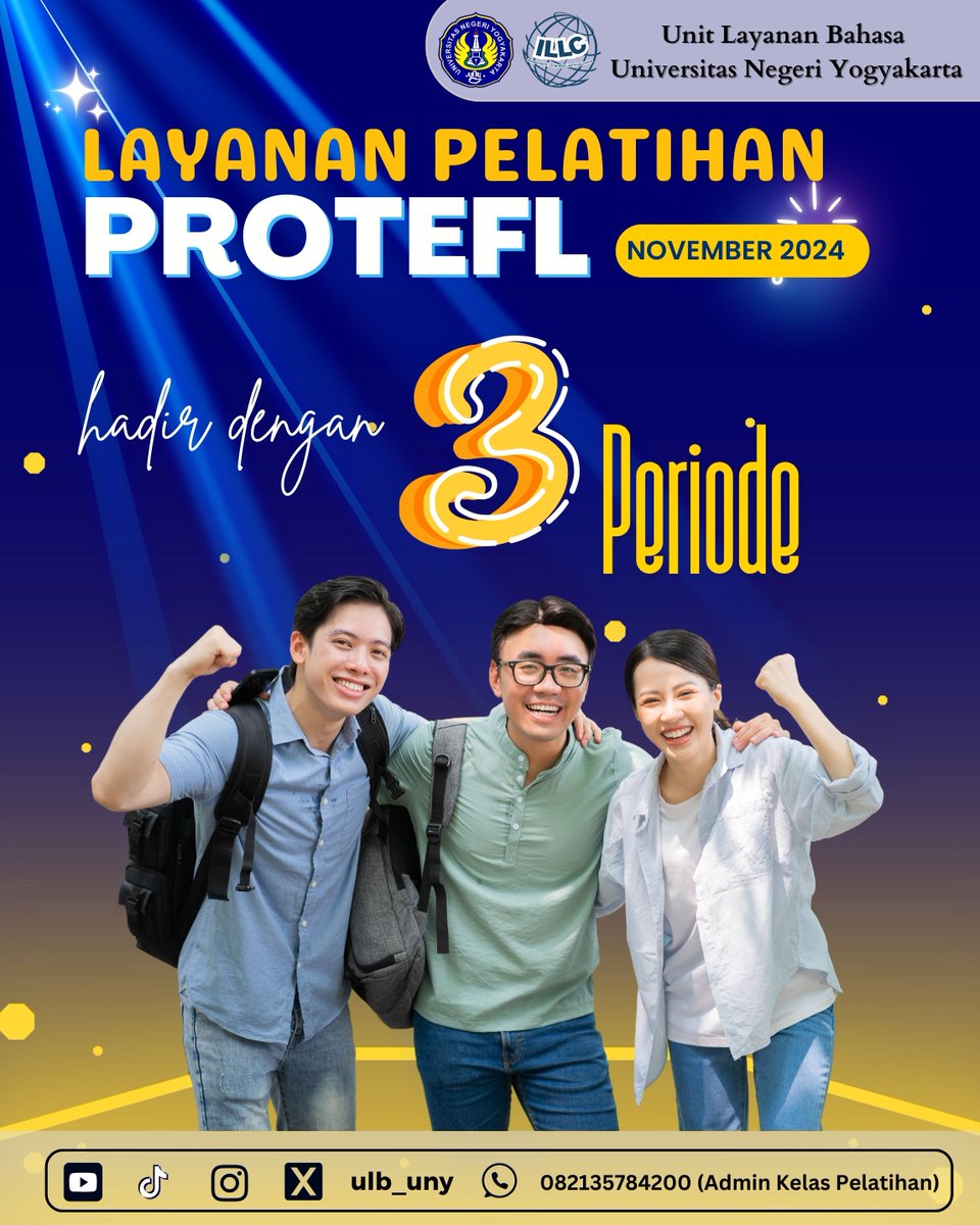 ulb_uny's tweet photo. Hi ULBuddies~, kabar baik nih!
Pelatihan ProTEFL kembali hadir dengan 3 periode di bulan November.
Kesempatan emas untuk meningkatkan kompetensi bahasa Inggrismu. Jangan sampai terlewatkan!
#ULB #UNY #ProTEFL #yudisium #universitasnegeriyogyakarta https://t.co/Iv0tixTeQ8