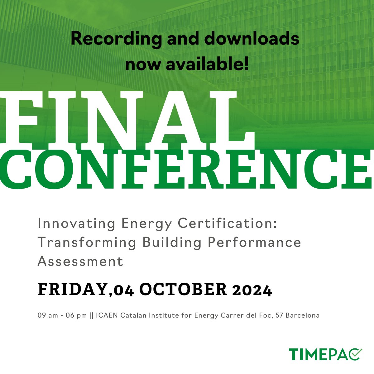Timepac Project (@timepac) on Twitter photo Did you miss the #TIMEPACfinalconference "Innovating Energy Certification: Transforming Building Performance Assessment" in Barcelona earlier this month?
Watch the recording and download presentations here:  timepac.eu/workshop/timep…
#EPC #NextGenEPC #BuildingRenovation #EPBD Did you miss the #TIMEPACfinalconference "Innovating Energy Certification: Transforming Building Performance Assessment" in Barcelona earlier this month?
Watch the recording and download presentations here:  timepac.eu/workshop/timep…
#EPC #NextGenEPC #BuildingRenovation #EPBD