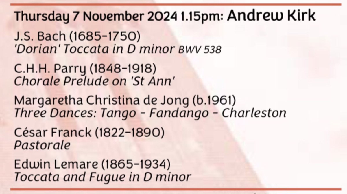 Thursday LIVE Organ Recitals (…find us on Bluesky) (@thursdaylive) on Twitter photo Just over a week to go until Andrew Kirk plays the next <a href="/ThursdayLive/">Thursday LIVE Organ Recitals (…find us on Bluesky)</a> organ recital in <a href="/StChadsBirm/">St Chad's Cathedral</a>
🔸Thursday 7 November 1:15pm🔸
🆓 admission free with retiring collection Just over a week to go until Andrew Kirk plays the next <a href="/ThursdayLive/">Thursday LIVE Organ Recitals (…find us on Bluesky)</a> organ recital in <a href="/StChadsBirm/">St Chad's Cathedral</a>
🔸Thursday 7 November 1:15pm🔸
🆓 admission free with retiring collection