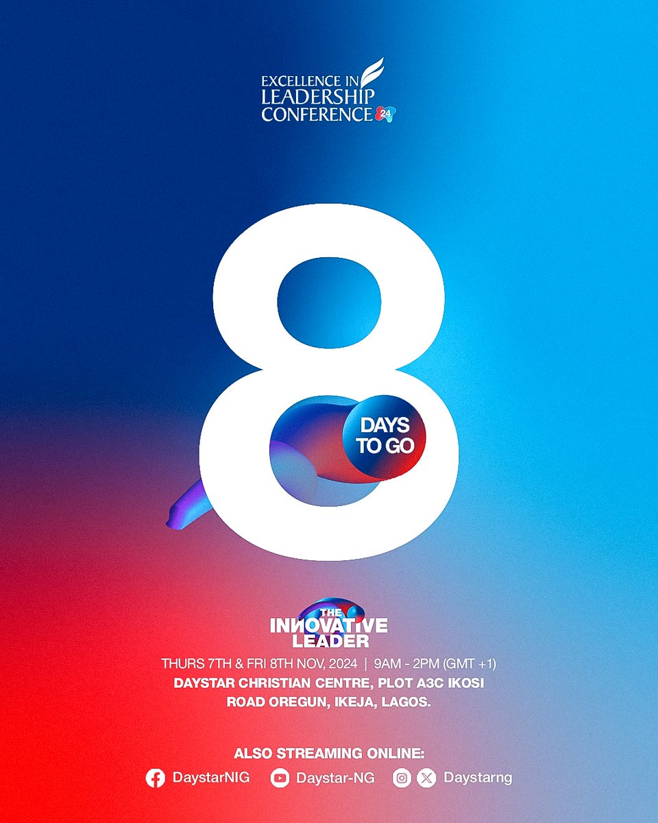 DaystarNG's tweet photo. 8 days to go!

ELC 2024 offers the perfect opportunity to reset, gain clarity, and elevate your approach to leadership. Join us to discover what it truly takes to lead with innovation, purpose, and impact.

Get ready for an unforgettable experience that’ll change the way you lead! We can’t wait to have you.

Date: 7 & 8 November 2024
Time: 9AM – 2PM (GMT+1)
Daystar Christian Centre, A3C Ikosi, Road, Oregun, Lagos

Also streaming live on all our social media platforms