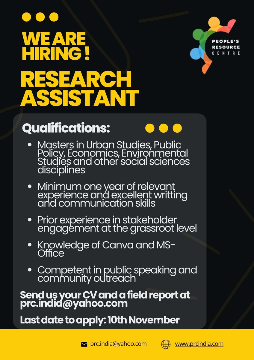 📢We are hiring for a Research Assistant in Delhi under our Urban Alternatives programmes. The ideal candidate will have at least a year of relevant work experience, excellent oral and written communication skills, passion for community engagement and fieldwork