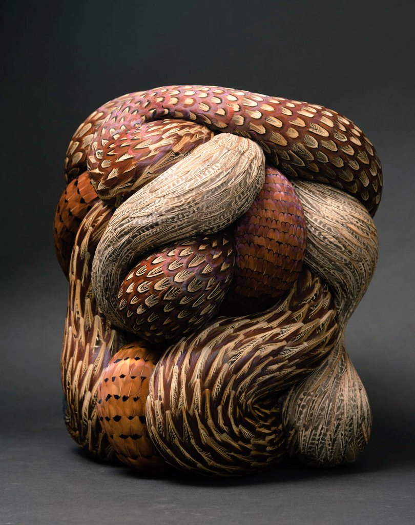 womensart1's tweet photo. Wrangle, 2018 by Kate MccGwire, UK sculptor who specializes in the medium of (humanely collected) feathers #WomensArt https://t.co/v9SGrohFzQ