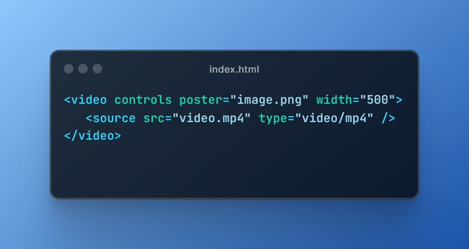 🎯Poster Attribute

You can use the poster attribute with the <video> element to display an image until the user plays the video.

It's like a thumbnail for the video.