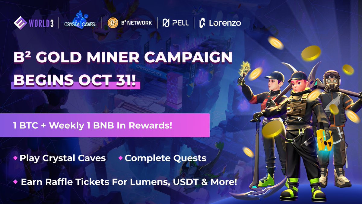 WORLD3_AI's tweet photo. 🚀 Get ready, miners! 🚀

B² Gold Miner Campaign kicks off October 31, 2024!

💰 1 BTC in rewards + 1 BNB weekly in @Pell_Network Gold Miner Event, co-organized by @BSquaredNetwork @LorenzoProtocol!
🎟️ Play Crystal Caves, complete the QUEST campaign, and earn Gold Miner Tickets to participate in the Gold Miner Raffle and unlock massive rewards!
✨ Win Lumens, USDT, and more—sponsored by our amazing partners.

📖 Stay tuned—our Player's Guide drops tomorrow! And keep an eye out for our upcoming AI AW releases, unveiling new adventures in WORLD3.

#WORLD3 #CrystalCaves #Raffle #GoldMiner #PellNetwork #BsquaredNetwork #LorenzoProtocol