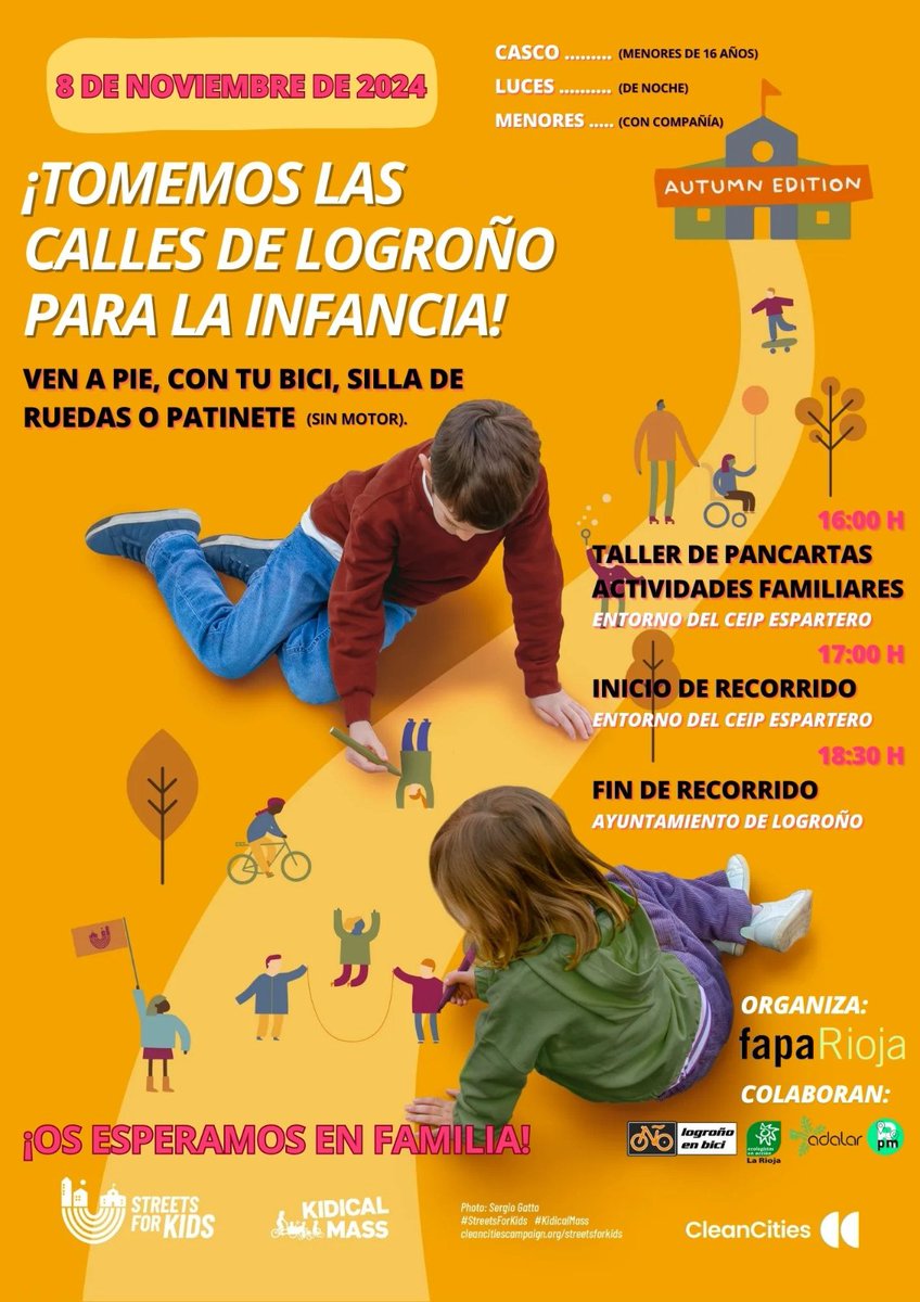 Kidical Mass
Una actividad para reivindicar los entornos e itinerarios escolares saludables y seguros. 
Logroño 8 de noviembre.

Información:
faparioja.org/2024/10/kidica…