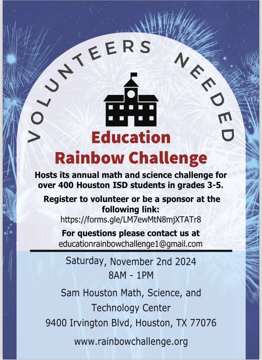 Volunteers needed 11/2 in #Houston for ERC Math &amp; Science .  #education @TeamHISD <a href="/HISD_ElemMath/">Houston ISD Elementary Math</a> <a href="/stthomashouston/">University of St. Thomas</a> <a href="/UHouston/">University of Houston</a> <a href="/RiceUniversity/">Rice University</a>