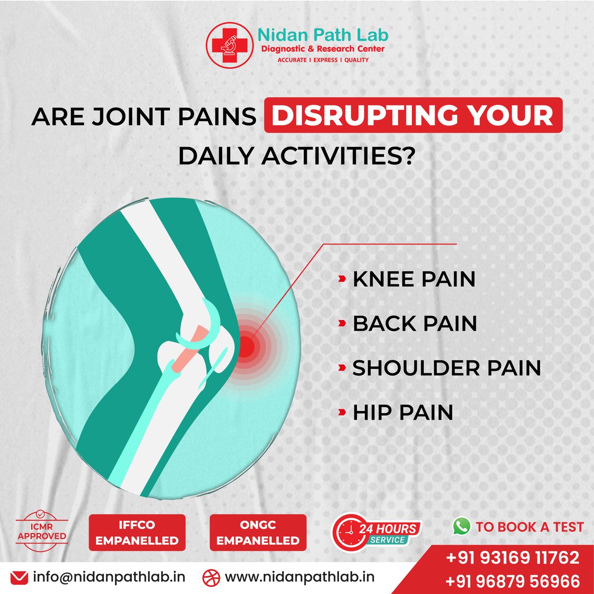 Nidan_Path_Lab's tweet image. Get Tested with our Arthritis Profile for your joint pain problems!
📞 Gandhinagar - 9316911762
📞 New CG Road - 9687956966

#NidanPathLab #Arthritis #JointPain #Healthcare #PathologyLab #BloodTest #FullBodyCheckup #Ahmedabad #Gandhinagar