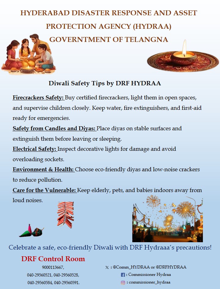 Diwali Safety Tips by DRF HYDRAA
<a href="/TelanganaCMO/">Telangana CMO</a> <a href="/PrlsecyMAUD/">Secretary MAUD.</a> <a href="/gadwalvijayainc/">Vijayalaxmi Gadwal, GHMC MAYOR</a> <a href="/GHMCOnline/">GHMC</a>
