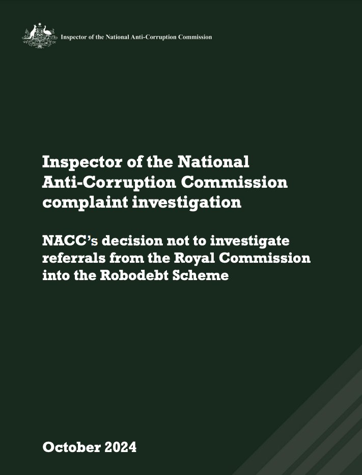 NEW RELEASE: NACC’s decision not to investigate referrals from the Royal Commission into the Robodebt Scheme➡️apo.org.au/node/328856
<a href="/NACCgovau/">NACCgovau</a> will appoint an independent person to reconsider the decision, after finding several areas of concern but no intentional wrongdoing.