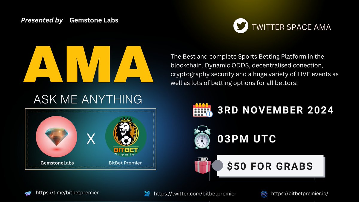 🎙️Don’t miss the Opportunity to join for a #TwitterSpaceAMA with <a href="/bitbetpremier/">bitbetpremier</a>
 
🕰️ 3rd November 2024| 3PM UTC

💰 $50(10$ Each)

🏛️ Venue : x.com/i/spaces/1dRKZ…

📌Rules:
1️⃣ Follow <a href="/bitbetpremier/">bitbetpremier</a>
2️⃣ Like &amp; Rt
3️⃣ Ask your best Questions Win reward!