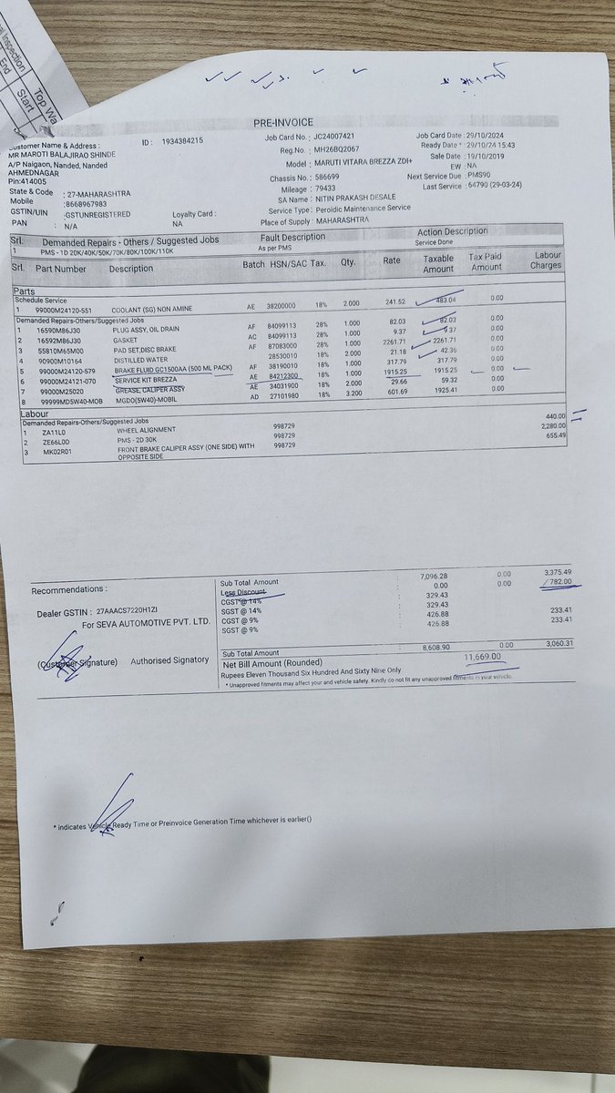 MBSPATIL's tweet photo. @Maruti_Corp
MH26BQ2067
Disappointed with the service at Maruti Suzuki Showroom in Dhule. My recent visit left me with an unexpectedly high bill of Rs. 11669, despite assurances it would be lower than the previous Rs. 8800. Even with Rs. 1000 Diwali discount for regular service https://t.co/vsfu3aHxqi