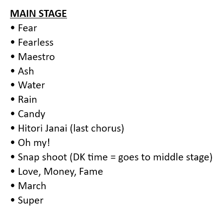 sebongie613's tweet photo. FOR REFERENCE ONLY!! this is not 101% sure as the setlist might change for the Asia tour.

the songs are based from the Goyang Concert setlist. for the setup of the stage in Bulacan, it is slightly similar to the Goyang stage (3 stages), which is why I used it as a reference https://t.co/siDXmQDNrY