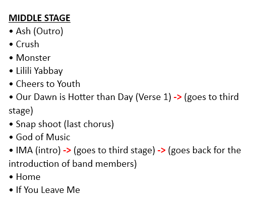 sebongie613's tweet photo. FOR REFERENCE ONLY!! this is not 101% sure as the setlist might change for the Asia tour.

the songs are based from the Goyang Concert setlist. for the setup of the stage in Bulacan, it is slightly similar to the Goyang stage (3 stages), which is why I used it as a reference https://t.co/siDXmQDNrY
