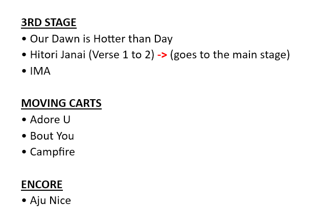 sebongie613's tweet photo. FOR REFERENCE ONLY!! this is not 101% sure as the setlist might change for the Asia tour.

the songs are based from the Goyang Concert setlist. for the setup of the stage in Bulacan, it is slightly similar to the Goyang stage (3 stages), which is why I used it as a reference https://t.co/siDXmQDNrY