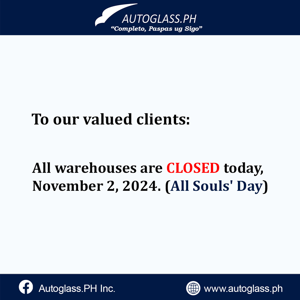 PhAutoglass's tweet photo. 𝐀𝐍𝐍𝐎𝐔𝐍𝐂𝐄𝐌𝐄𝐍𝐓!

All warehouses are 𝐂𝐋𝐎𝐒𝐄𝐃 today, November 2, 2024.
 
Sa mga pangutana tungod sa Bildo sa tanang Sakyanan i message lang ang among Facebook page: https://t.co/Eb58Fkc275 https://t.co/C0KtK8md8i