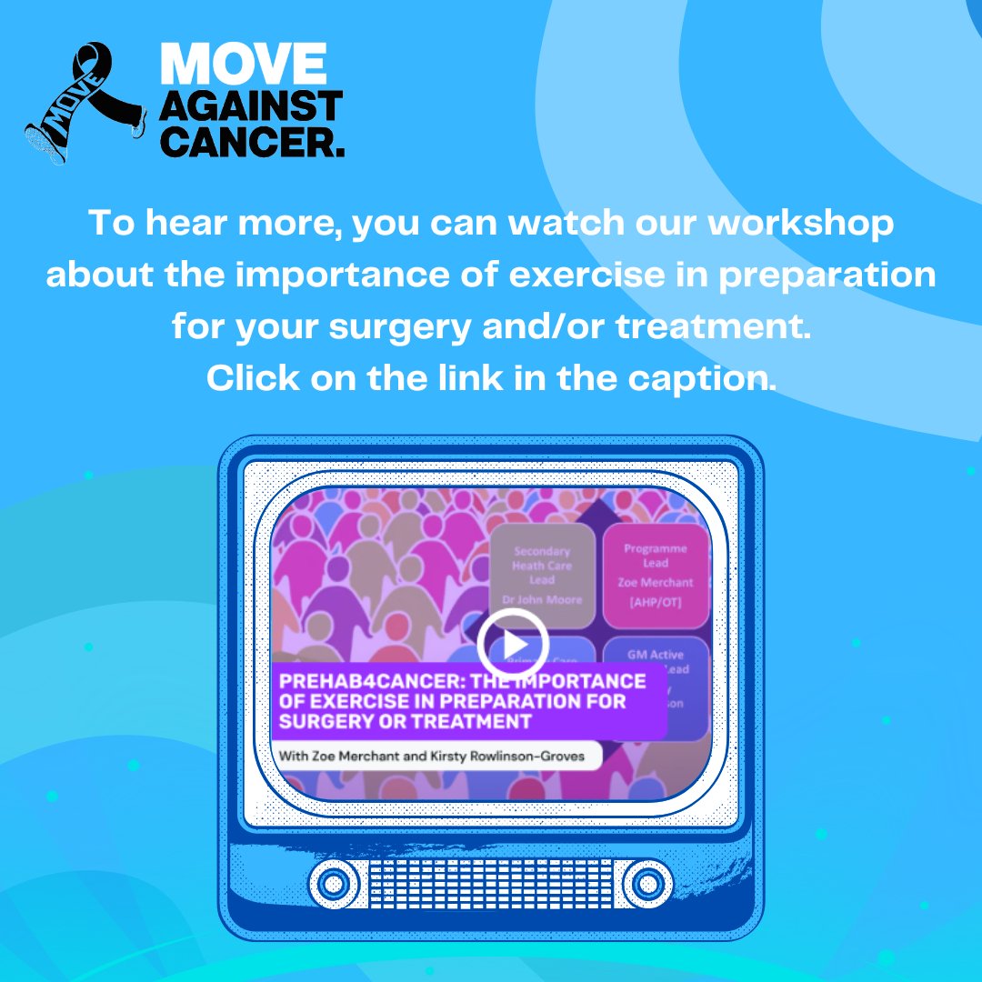 🙌🏻 We would love to invite you watch our online workshops! 
💙 This Wednesday, we encourage you to learn about the importance of exercise in preparation for your surgery and/or treatment.
👉 You can watch the entire episode here: lght.ly/e1hhegj