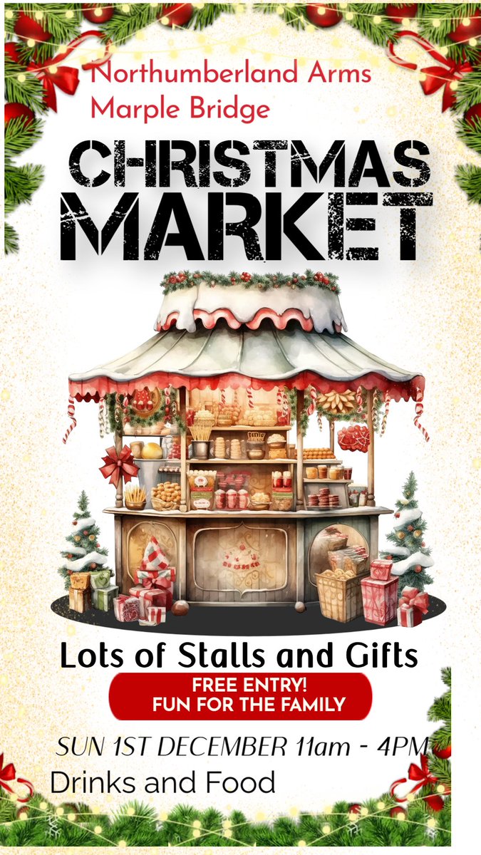 The Northumberland Arms is holding a Christmas Market on Sunday 1st December: Lots of stalls selling a range of gifts  for Christmas, Food and Drinks, 11am until 4pm: marple-uk.com/smf/index.php?…