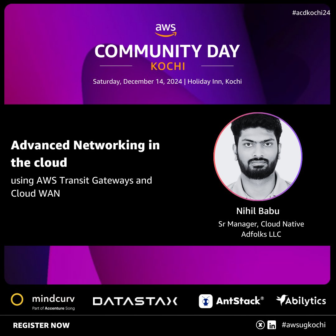 Speaker Announcement

Advanced Networking in the Cloud with <a href="/NihilBabu/">Nihil</a>  Sr. Manager, Cloud Native Engineering at <a href="/adfolksllc/">Adfolks - Accelerate Digital</a> 

communityday.awsugkochi.in 

#aws #awscloud #awsugkochi #acdkochi24