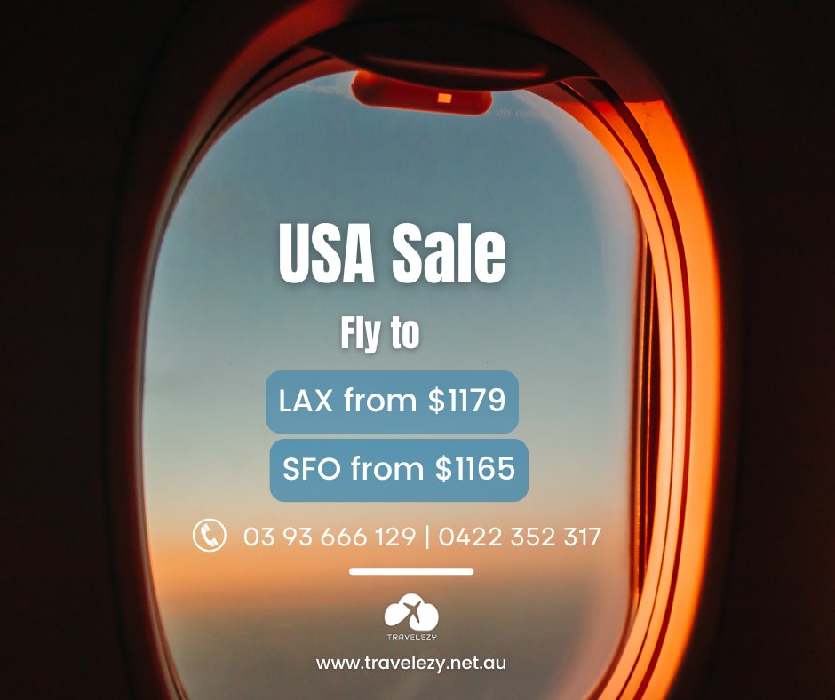 TravelEzyMEL's tweet photo. ✈️ Special Airfare Deals to Los Angeles &amp; San Francisco! 🌟
Ready for your next adventure? Grab our special deals and fly to the USA in style! 🎉
Los Angeles: Return fares starting from $1179
San Francisco: Return fares starting from $1165
#TravelEzy #AirfareDeals #FlyUSA https://t.co/kd1zGHG0AP