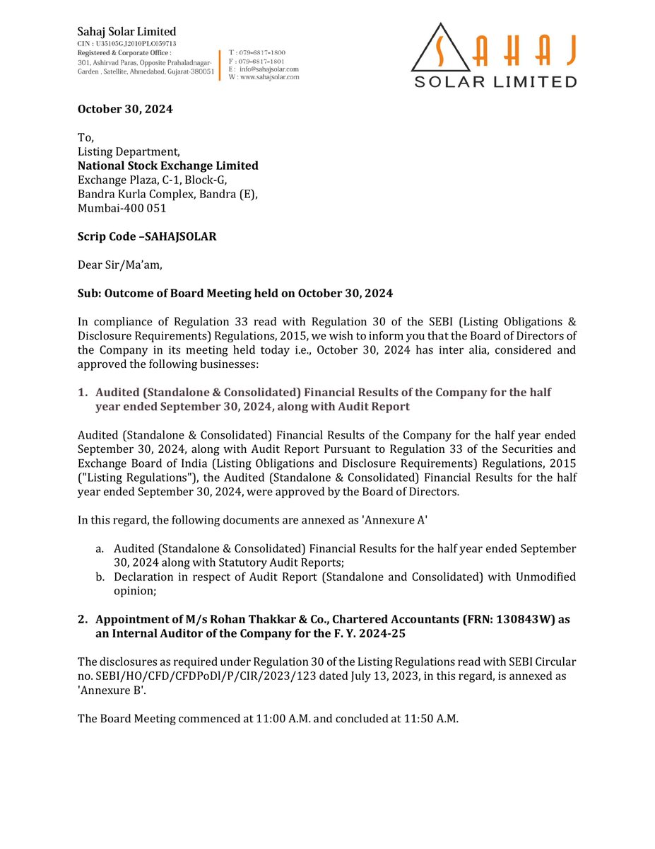 nileshkurhade's tweet image. 📌 Sahaj Solar Limited informed the exchange about the approval of audited standalone and consolidated financial results for the half year ended September 30, 2024. #SME #SAHAJSOLAR 📈📊