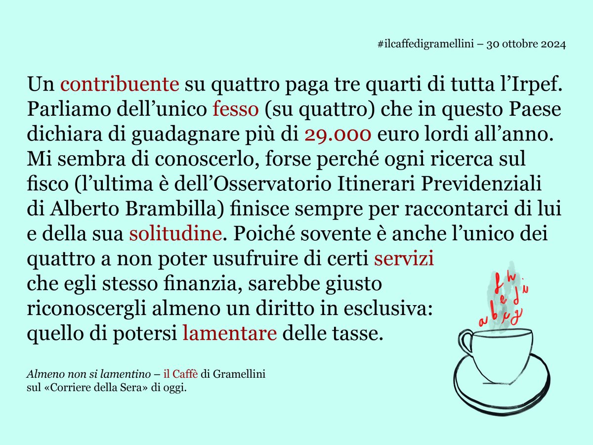MaxGramel's tweet photo. «Almeno non si lamentino»:#ilcaffedigramellini sul Corriere della Sera di #mercoledì #30ottobre.
https://t.co/2kglWocght https://t.co/DpIHB8NCDD