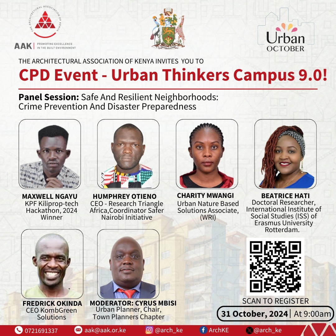 Join us tomorrow as our very own <a href="/BeatriceHati/">Hati Gitundu_Bea</a>  speaks at the Urban Thinkers Campus (UTC) 9.0! She’ll be on a panel in the session “Safe and Resilient Neighborhoods: Crime Prevention and Disaster Preparedness.”
Register here: members.aak.or.ke/eventdetailv2?… 
 #urbanthinkerscampus
