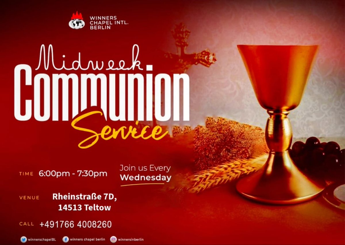 Winnersinberlin's tweet photo. Join us tonight for our midweek and communion service and remain ever blessed!
We can't wait to welcome you.
At Rheinstr 7D, 14513 Teltow.
Time: 6pm.
#MidweekService
#WCIB
#Church #Berlin
#Fortune24
#Communion #WCIBerlin https://t.co/hclJKB1pI0
