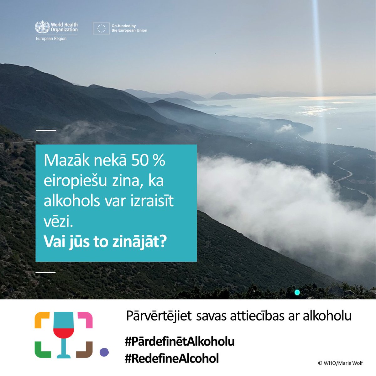 WHOLatvia's tweet photo. Katrs 3. krūts vēža gadījums ir saistīts ar alkohola risku, turklāt runa ir par nosacīti nelieliem apjomiem - viena divas ikvakara glāzes. Alkohols ir riska faktors vairāk nekā 200 slimībām, no tām vismaz 7 ir onkoloģiskas, tostarp krūts un resnās zarnas vēzis. #RedefineAlcohol https://t.co/QMB5wLkS1c