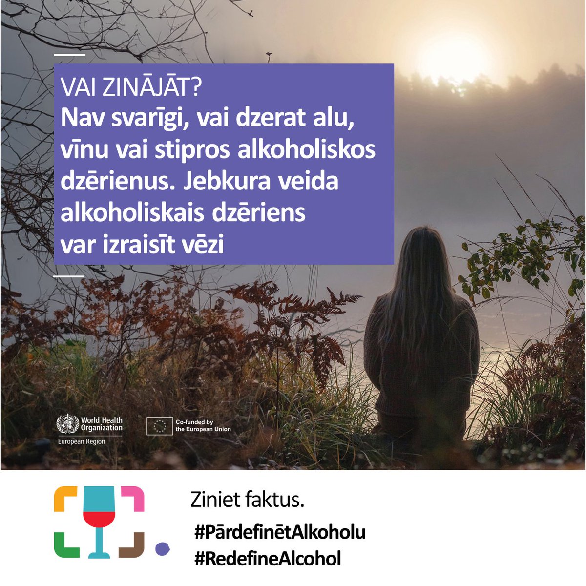 WHOLatvia's tweet photo. Katrs 3. krūts vēža gadījums ir saistīts ar alkohola risku, turklāt runa ir par nosacīti nelieliem apjomiem - viena divas ikvakara glāzes. Alkohols ir riska faktors vairāk nekā 200 slimībām, no tām vismaz 7 ir onkoloģiskas, tostarp krūts un resnās zarnas vēzis. #RedefineAlcohol https://t.co/QMB5wLkS1c