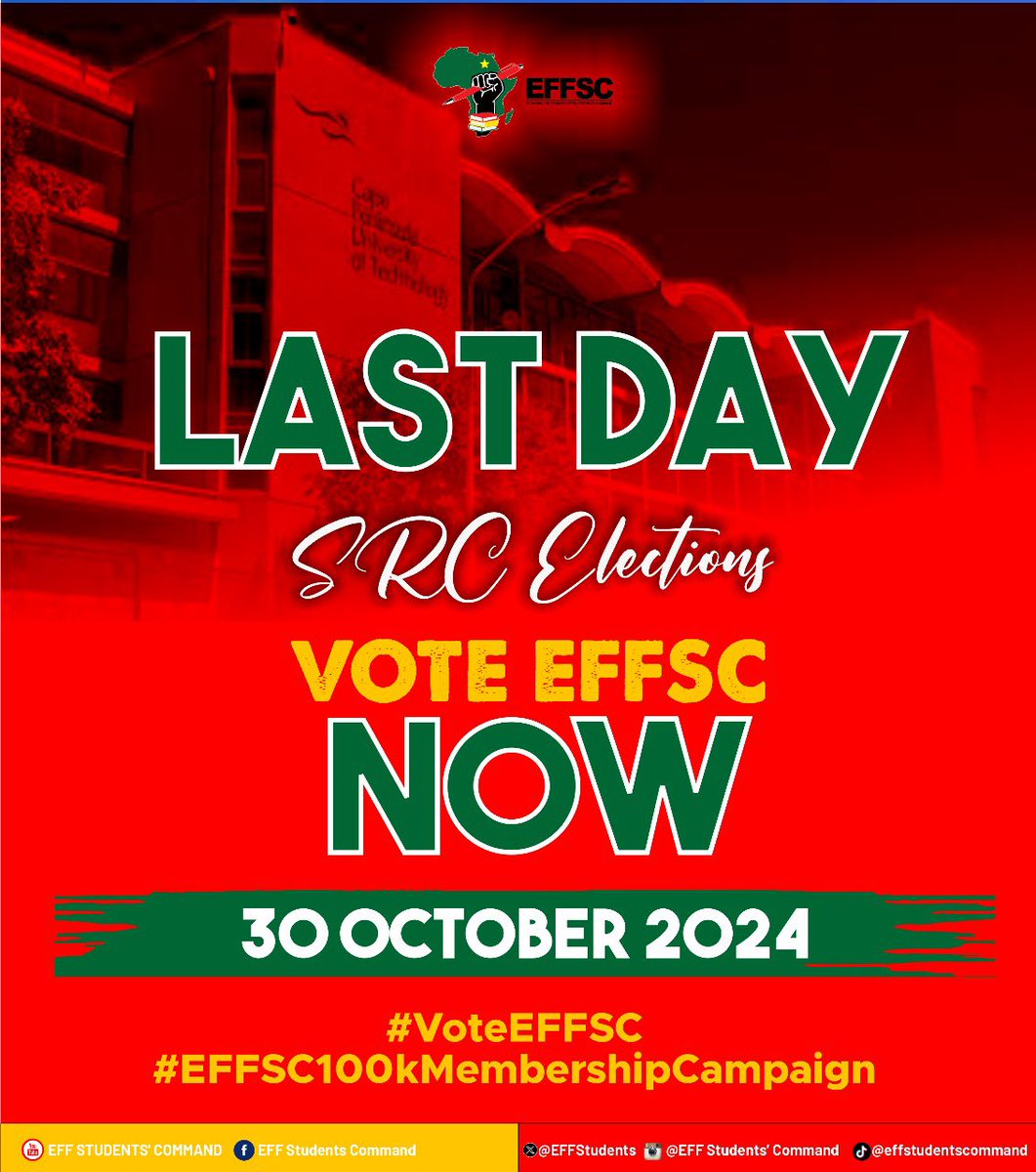 EFFYouthCommand's tweet photo. FINAL DAY of voting at the Cape Peninsula University of Technology (CPUT) SRC Elections!
Thatha Lento Mfundi: https://t.co/o1bKObqGze
#VoteEFFSC https://t.co/RjV9JCZ2g2