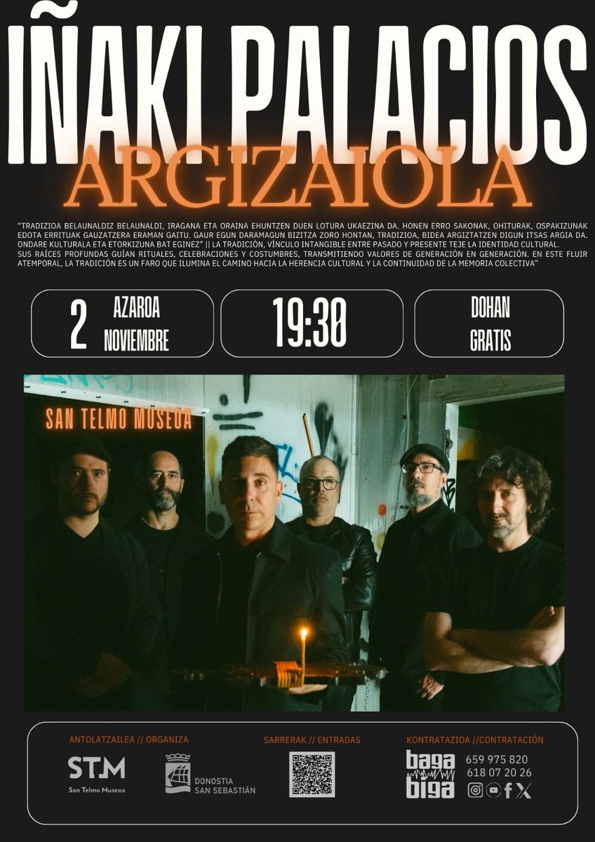 BagaBigaeus's tweet photo. 🔥🎶 Iñaki Palacios  🎶🔥
"Ａｒｇｉｚａｉｏｌａ"
▪ Larunbata || Sábado
📍 @santelmomuseoa 
⏰ 19:30
⚠  𝑫𝒐𝒂𝒏/𝑮𝒓𝒂𝒕𝒊𝒔
#musika #musica #diskoa #disco #iñakipalacios #argizaiola #bagabiga @donostiakultura https://t.co/crytQ9tqw3