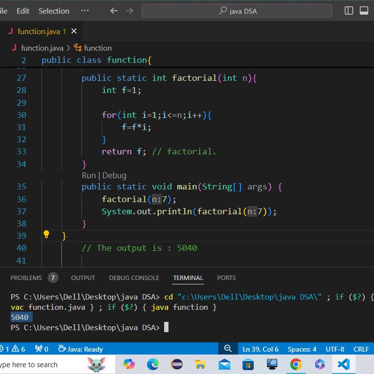Today , I learned how to create function and solved a factorial question using function.
#Java #LearnInPublic #CodingChallenge #programming