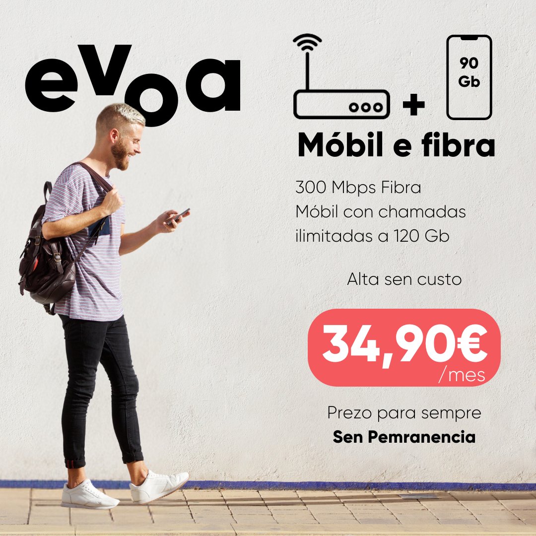 EVOA_Fibra's tweet photo. 💘🏠 Fibra simétrica 300Mbps + 📱 Móvil con llamadas ilimitadas y 120Gb 💥34,90€/mes💥.
Precio para siempre, alta sin coste.
Llama ahora ☎️ 
881 822 823
👉https://t.co/PWe5KcND6m
#evoa #internet #fibra #movil #televisión https://t.co/3LJikZSlFT