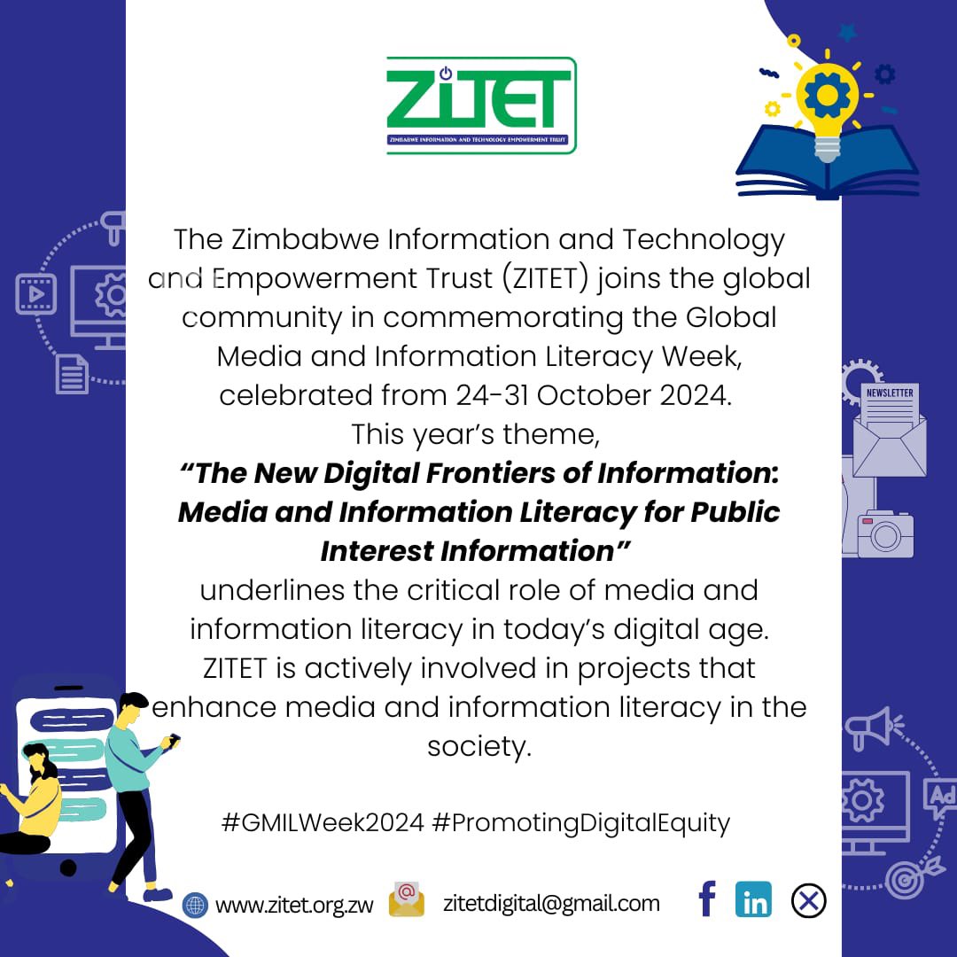 As we commemorate the Global Media and Information Literacy Week, ZITET reaffirms its commitment to empowering communities through media and information literacy.
Read more about our Media and Information Literacy Initiatives: zitet.org.zw/global-media-a…
#GlobalMILWeek
