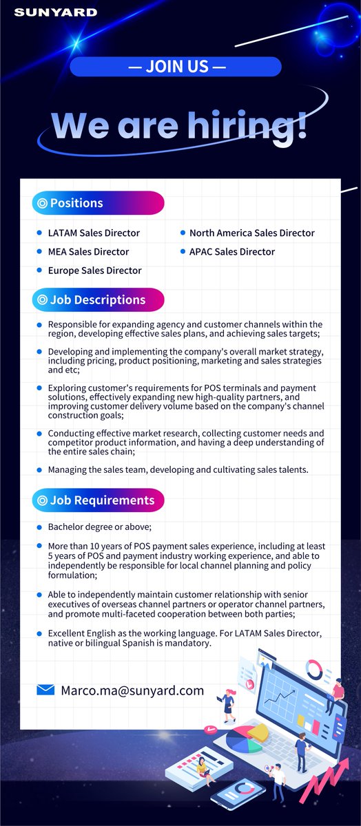 SunyardTech's tweet photo. 📢📢 KEEP HIRING

Our current vacancies have all been included in the following picture.

If you are interested in any of the open roles, please apply with your CV to marco.ma@sunyard.com 📧

#hiring #payments #POS #technology https://t.co/Th4huRKjWO