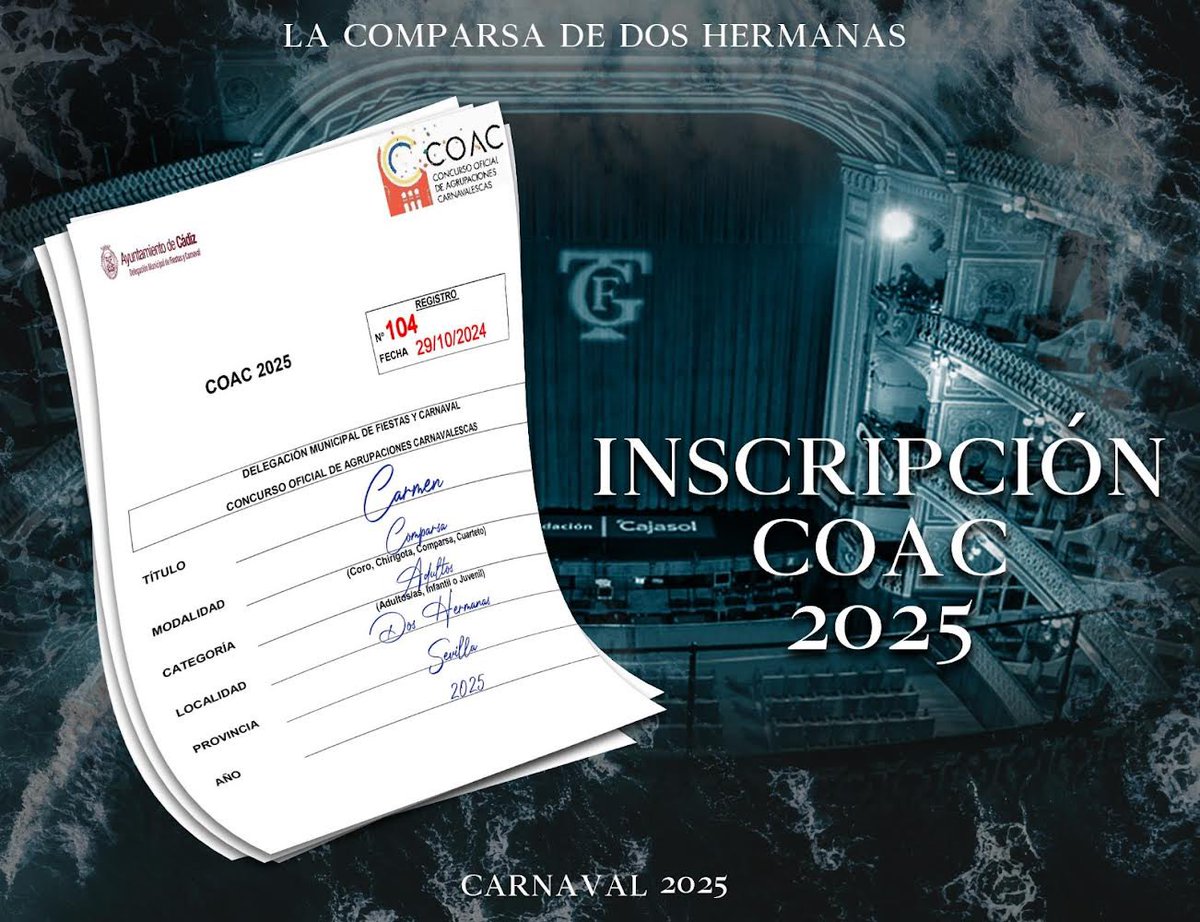 En busca de otro maravilloso año dispuestos a cantarte, Cádiz!🎭

Con todo el cariño del mundo, 𝐂𝐀𝐑𝐌𝐄𝐍 ya está inscrita para el #COAC2025

#Carmen
#Carnaval2025
#ComparsaDosHermanas