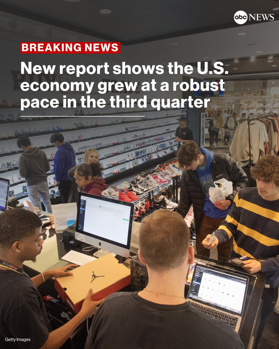 JUST IN: The U.S. economy grew at a robust 2.8% annualized rate in the third quarter, slowing slightly from the previous quarter but continuing to dispel any concern about a possible slowdown. 

The report comes just ahead of the presidential election. trib.al/6bEWzm1
