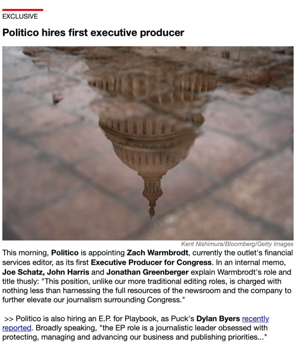 JUST ANNOUNCED: <a href="/politico/">POLITICO</a> names <a href="/Zachary/">Zach Warmbrodt</a>  Warmbrodt first Executive Producer for Congress.

Read the exclusive scoop in <a href="/ReliableSources/">Reliable Sources</a> and full note from Executive Editor Joe Schatz, Global Editor-in-Chief <a href="/harrispolitico/">John F. Harris</a> and EVP <a href="/greenbergerj/">Jonathan Greenberger</a> ⬇️

bit.ly/3YIn2zV