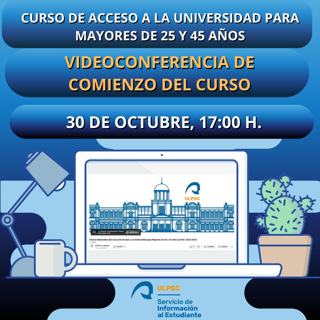 🔊 Acompáñanos esta tarde a las 17:00 h. en la 💻Videoconferencia del comienzo del curso de acceso a la Universidad para Mayores de 25 y 45 años. ¡Es el momento de resolver todas tus dudas!
👉 Sigue el enlace a para sumarte a la charla: youtube.com/watch?v=oqABac…