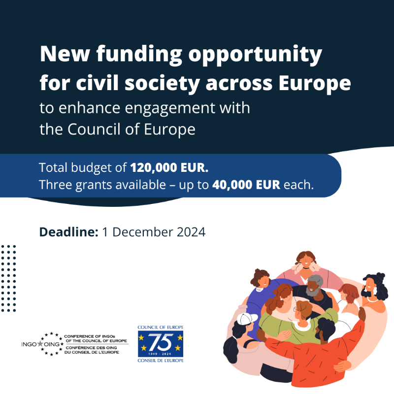 coe's tweet photo. The #CouncilOfEurope offers grants up to 40,000 EUR for international NGOs.  

Support projects that strengthen connections between European civil society and #CoE, encourage participation in CoE work, spread its standards! 

 Deadline: 1 Dec 2024 – Apply now!  

 #CivilSociety