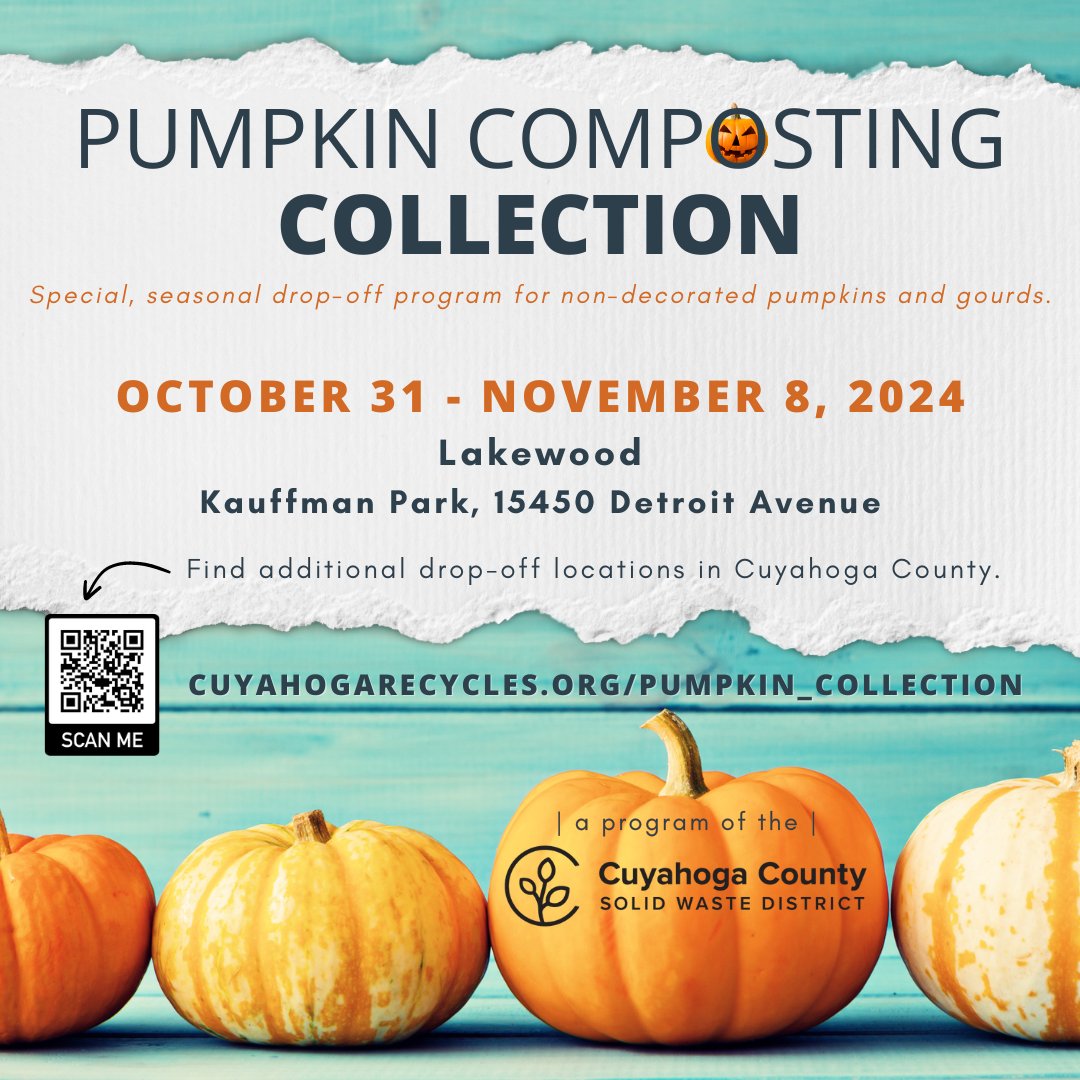 REMINDER: You can drop off pumpkins in the Cuyahoga Recycles bin at Kaufmann Park from Oct. 31 to Nov. 8 for composting. 

Find more details and rules here: lakewoodoh.gov/pumpkin-compos…